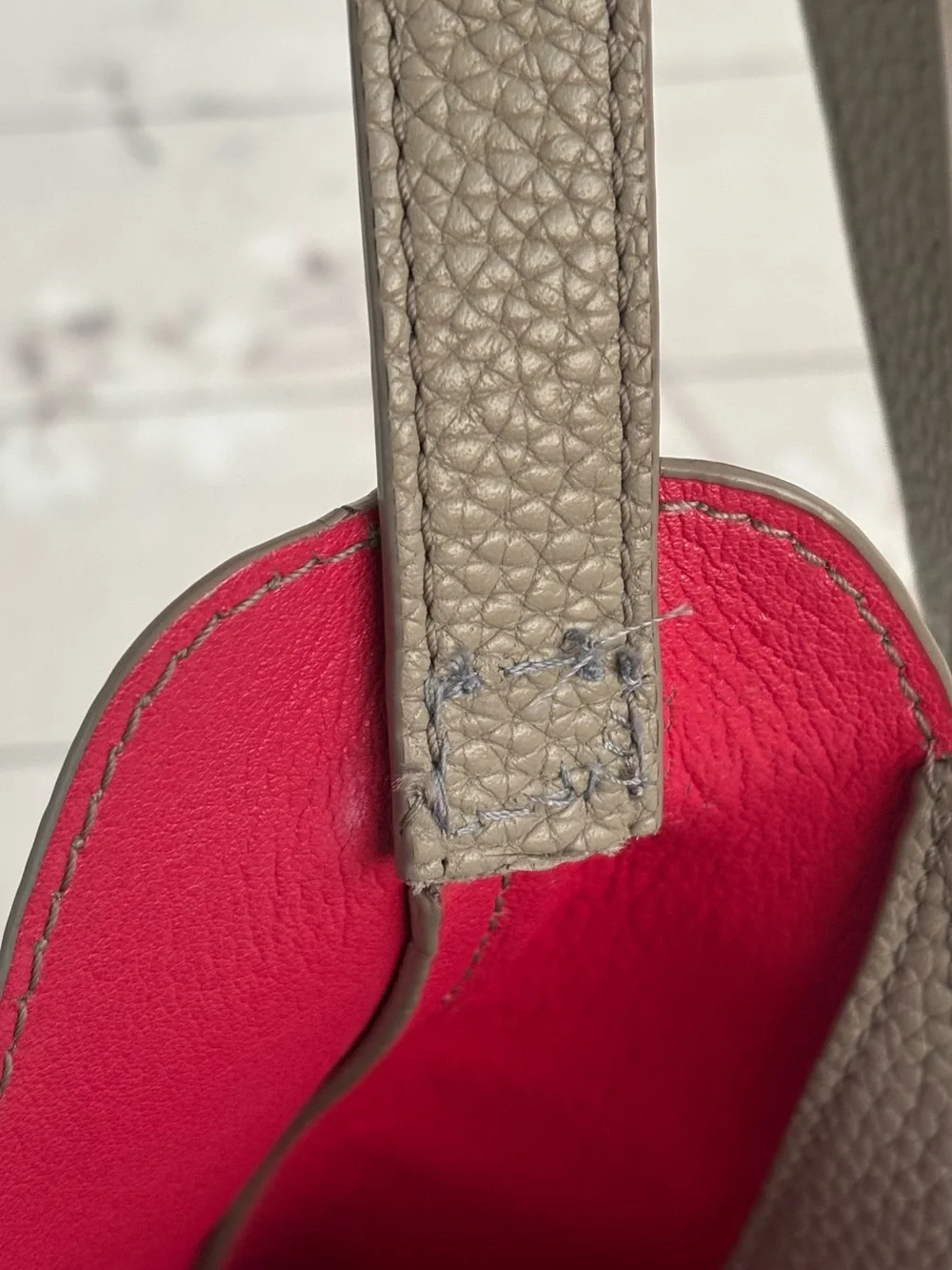 Tory Burch Taupe Crescent Shoulder Bag with Red Interior Accents
